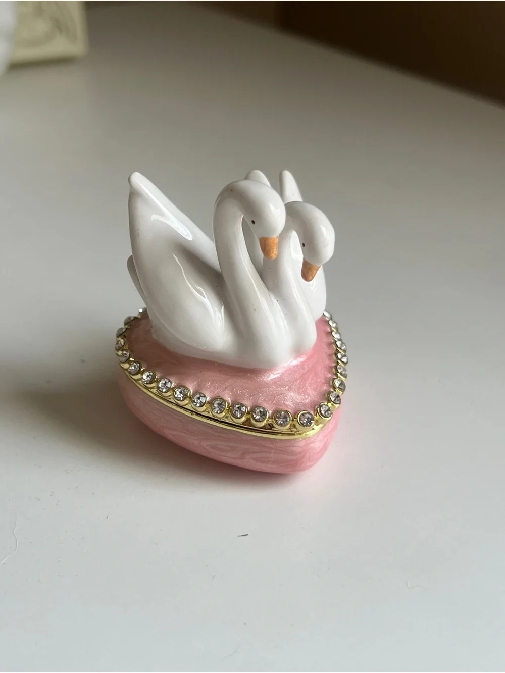 Porcelain Swan Trinket Box in Pink with Rhinestones